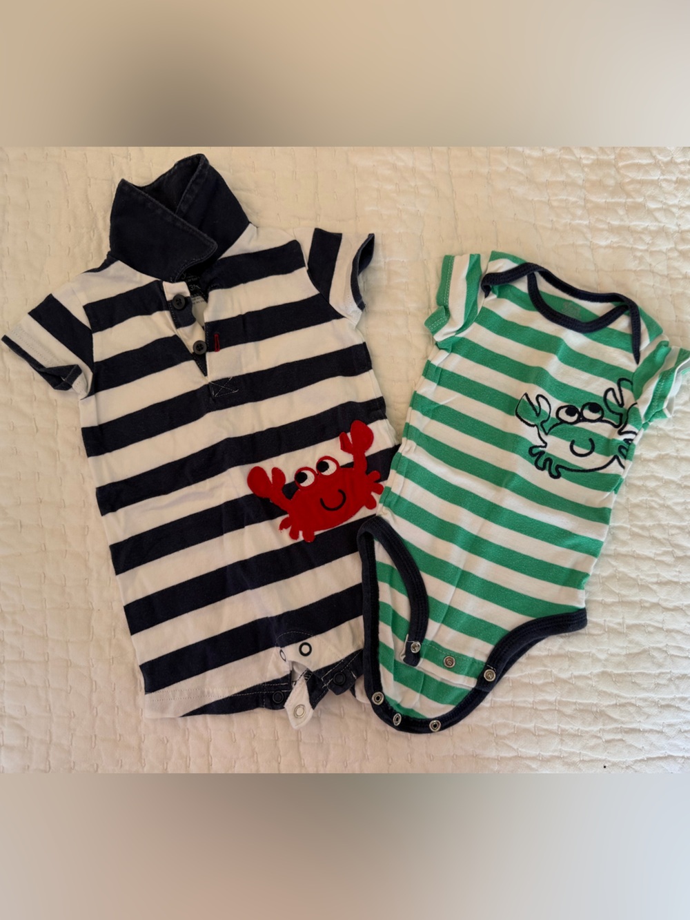 Carter’s Striped Baby Rompers with Crab Applique - Green & Navy, 3M